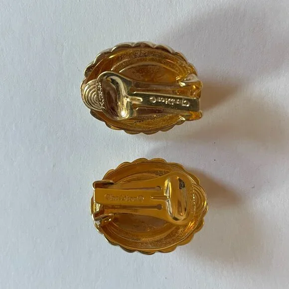 Vintage Christian Dior Clip on Earrings Gold Tone Cream Center 1980-1990s Preppy